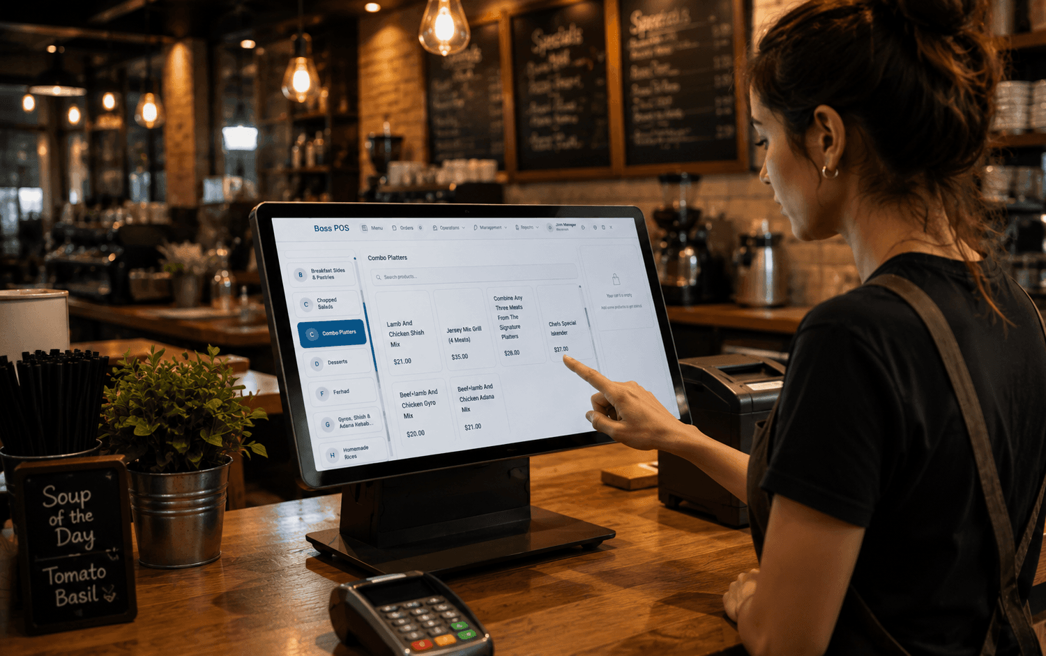 A team member using Boss POS on a touchscreen terminal at a busy restaurant counter